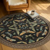 Dark Botanical Insect Round Rug Vintage Inspired Butterfly Dragonfly Pattern 60cmx60cm