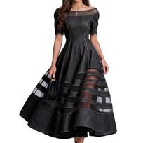 Women's Off Shoulder Patchwork Short Swing Dress Denim Dress Mesh Sleeve A-line Summer S juoda