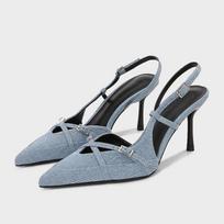 Fashion Designer Blue Denim Slingback Buckle Strap Women Pumps Sexy Pointed Toe High Heels Elegant Party Dress Shoes Zapatos De Mujer 35 mėlyna