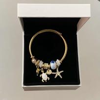 Pandora Dora Beach Vacation Rhinestone Starfish & Turtle Pendant Adjustable Stainless Steel Bangle Bracelet balta