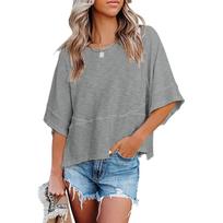 Women's Casual Fasion Color Stitching Middle-sleeve Loose Slub Cotton T-shirt Top M