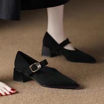 2026 New Autumn Deer Hide Velvet Mary Jane Shoes  French Retro Pointed-toe Shallow Toe High-heeled Single Shoes with Belt Buckle 35 juoda