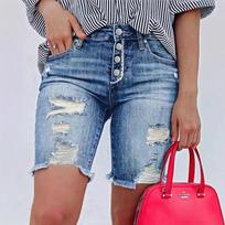 Women's High-Quality Ripped Stretch Denim Shorts - Fashionable Summer Wear X-Large tamsiai mėlyna spalva