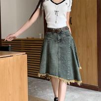 women vintage wash denim midi skirt high waisted frayed hem casual a-line skirt S