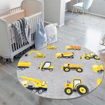 Gray Construction Vehicle Round Rug Yellow Excavators Trucks for Baby Nursery Floor 60cmx60cm