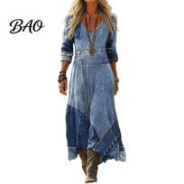 Breathable Summer Dress Denim Print Maxi for Women, Casual Long Sleeve V Neck Dress, Loose A-line Flowy Vacation Lightweight Polyester S mėlyna