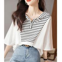 Summer Hong Kong Style Navy Collar Striped Shirt Women's Loose Fake Two-piece Shirt Covering Belly Quarter Sleeve T-Shirt Top S