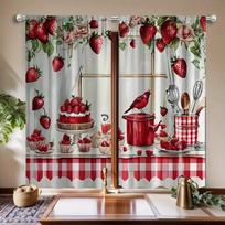Retro Strawberry Printed Curtains Suitable Bedrooms Living Rooms Home Decoration Christmas Curtain For Great Room Made Of Polyester W100*H70(CM)-Grommet top&1PCS