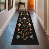 Boho Floral Runner Rug Black Hallway Carpet Colorful Entryway Kitchen Floor Decor Rug Vintage Green Cottagecore Floral Decor 40X60CM
