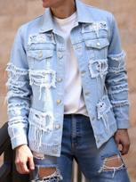 Men's Trendy Slim Fit Denim Jacket - Street Style with Patch Frayed Edges for Spring/Autumn L