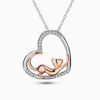 Two Tone Rose Gold Cat Inside Hollow Heart Pendant Necklace Pave Clear Cubic Zircon Lovely Animal Love Women Daily Jewelry gray