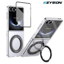 KEYSION 360° Rotating Magnetic Ring Stand Case for Samsung Galaxy Z Flip 7 5G Transparent PC Phone Cover with Screen Protector for Galaxy Z Flip 7 juoda