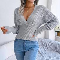 Autumn and Winter V-neck Pullover Sweater Hollow Fashion Elegant Knitted Slim Fit Solid Color Long Sleeve Tops Sexy New Short Top Women's Clothing one size pilka spalva