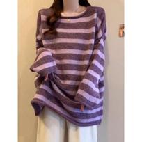 Korean Style Loose Lazy Purple Striped Sweater Fashionable Mid-length Casual Sweater S violetinė