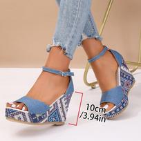 New Style Denim Round Head Hollow One-word Buckle Weave Water Table Muffin Bottom Slope Heel Sandals 35 mėlyna