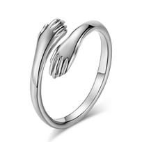 S925 Sterling Silver Fashion Retro Love Hug Ring Open Ring Couple Embrace Men and Women Valentine's Day Gift White Gold Embrace Ring Adjustable Opening