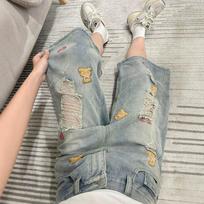 Women's High Waisted Distressed Denim Capri Pants Wide Leg Cropped Jeans with Bear Embroidery XS mėlyna