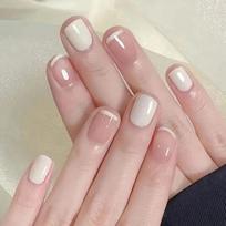 24Pcs French Cream Nude Short Square False Nails With Jelly Adhesive Detachable Fake Fingernails Full Cover Press On Nails Tips