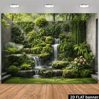 2D Enchanted Urban Garden Waterfall with Mossy Rocks and Pink Flowers Photo Background 47.2x31.5inch/120*80cm