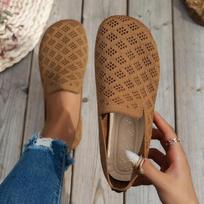 Bestselling Lazy Shoes Comfortable Breathable Openwork Knit Round Toe Flat Slip on Shoe 36 chaki