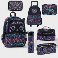 Didelės talpos kuprinė su ratukais, krepšys knygoms paaugliams, mergaitėms, mokyklai, kelionėms, vežimėlio krepšys Black flower cute cat pencil case (22.5*12.5cm)