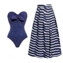 Updated Denim One-piece Womens Swimsuit French Vintage Style Belly-covering Slimming Swimsuit Vacation Beach Skirt S