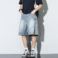 Summer Baggy Denim Shorts Fashion Casual Straight Harajuku Jeans Male Vintage Wash Drawstring Short Pants Streetwear S šviesiai mėlyna spalva