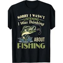 Men's Fun Fishing Pattern T-Shirt - Sorry I wasn't listening I was thinking about the fishing slogan Heavy Crew Neck Short S