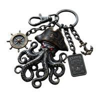 Keychain Pendant with Compass Lobster Clasp Pirate Style Metal Pendant Aged Oxidation Texture Red Eye Design Octopus Shape Key Ring juoda