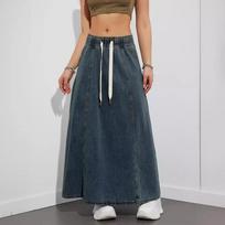 Elastic Waist Loose Large Skirt Denim Skirt Women Casual Long Skirt L tamsiai mėlyna spalva