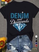 Women'S Denim And Diamond Patterned T-Shirt - Soft Comfortable Fit Short Sleeves Casual Style Machine Washable Round Neck S