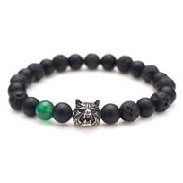 Black Matte Beaded Bracelet for Men Viking Wolf Head Lava Stone Black Matte Bracelet Wolf Head Black Matte Bracelet Silver Wolf Head
