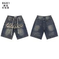 Men's Colorful Rhinestone Embroidery Denim Shorts, Vintage Hip Hop Street Loose Drawstring Knee Length Shorts 28