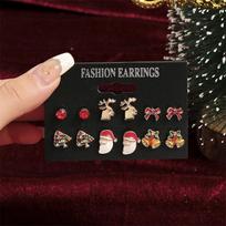 6/12 Pairs Christmas Earrings Set For Women Shiny Zircon Xmas Tree Snowflake Santa Claus Elk Combination Earring Party Jewelry brown