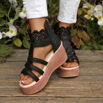 Summer Wedge Sandals Back Zip Platform Platform Shoes Lace Cutout High Heel Plus Size Bag Heel Sandals Women 36 juoda