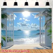 2D Fake Window Tropical Ocean View Vacation Wall Tapestry 47.2x31.5inch/120*80cm
