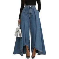 Women Pants High Waist Buttons Zipper Closure Denim Pants with Pockets Irregular Large Hem Wide Leg Solid Color Casual Trousers Size#XL mėlyna