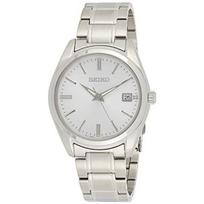 SEIKO wristwatch mens essential sunray finish date calendar LumiBrite hands stainless steel case bracelet 100m water resistant silver white SUR307