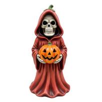 Halloween Skull Pumpkin Figurine Resin Skeleton Holding Pumpkin Statue Spooky Tabletop Ornaments for Indoor Home Decor raudona