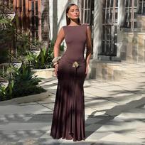 European Sleeveless Pleated Open-Back Ribbon Dress - New Spring/Summer Fashion Large kava