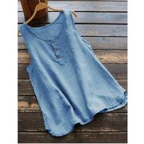 Summer Cotton Linen Tank Tops Women Vintage Tops Basic Leisure Tank Tops O-neck Tees Sleeveless Tops For Women 5XL mėlyna
