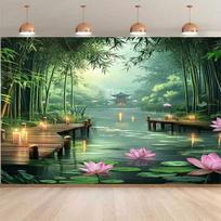 2D Zen Garden Bamboo Lake Tapestry Oriental Pavilion Wall Art Backdrop 47.2x31.5inch/120*80cm