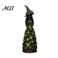 Tiered Tray Seasonal Display Autumn Witch Figurine, Halloween Desktop Decoration, Resin Statue with Craft Leaf Gown for Mantel Fireplace Gothic 18cm žalia