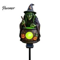 Cute Halloween Gifts Solar Witch Cauldron Garden Stake Light, Waterproof Resin Glowing LED Decor Figurine Statue, Spooky Outdoor Pathway Lamp 1pc
