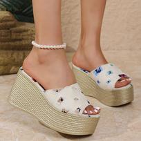 One Strap Denim Wedge Sandals Women Plus Size Fashion Slip On Platform Heels Sandals Woman Summer Thick Bottom Beach Slippers 36 balta