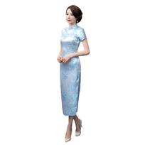 Tradicinė kinų moteriška vakarinė suknelė su trumpomis rankovėmis Cheongsam XXL dangaus mėlyna spalva