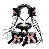 Cosplay Kitten Ear Shape Hairhoop Lace Cuffs and Choker/Tail Kids Kitten Funny Costume Novelty for Party 5 black