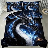 Latacaca 2/3Pcs Black Dragon Cosmic Duvet Cover Set, Wrinkle Fade Resistant Machine Washable Bedding with Pillowcases EU Twin(135x200cm)
