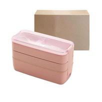 Sukraunama Bento dėžutė, 3 sluoksnių priešpiečių dėžutė su šakute ir šaukštu, 3 tinklelio dizainas, nuimamas skyrius 3-layers (900ml) rožinė