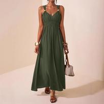 Women Summer Sleeveless Dress V Neck Waist Cinched Beach Vacation Casual Flared A Line Long Dress Maxi Dress S